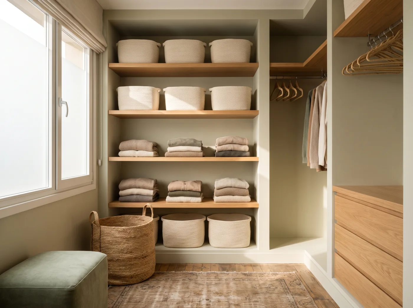 A calm, organized walk-in closet with matching storage bins and neatly folded clothes